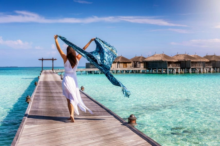 Maldives overwater villas and turquoise lagoon