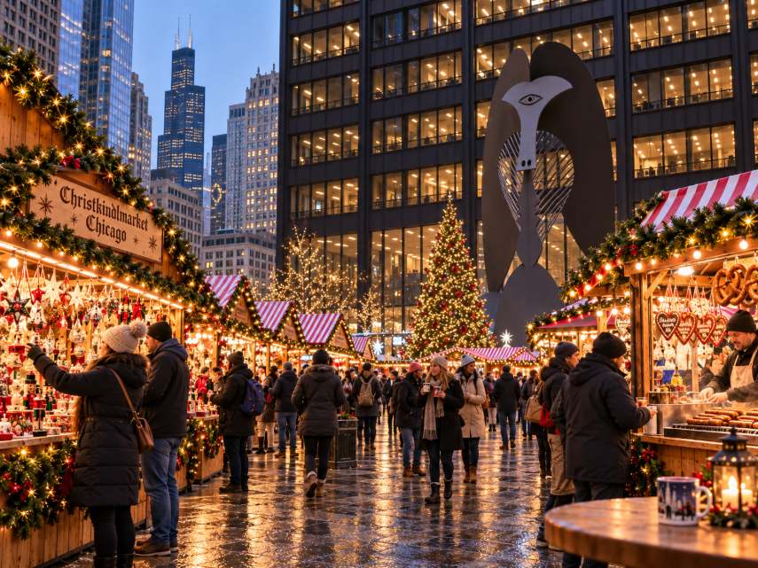 Chicago Christmas market with illuminated stalls and festive decorations at dusk.
<p style=