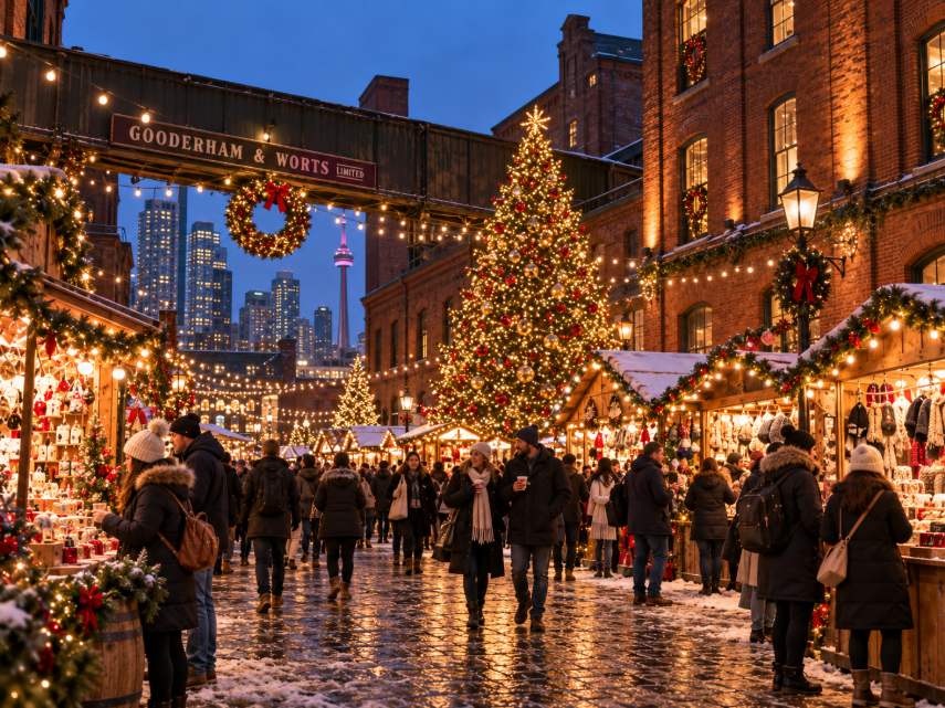 Toronto’s festive Christmas market illuminated at night.